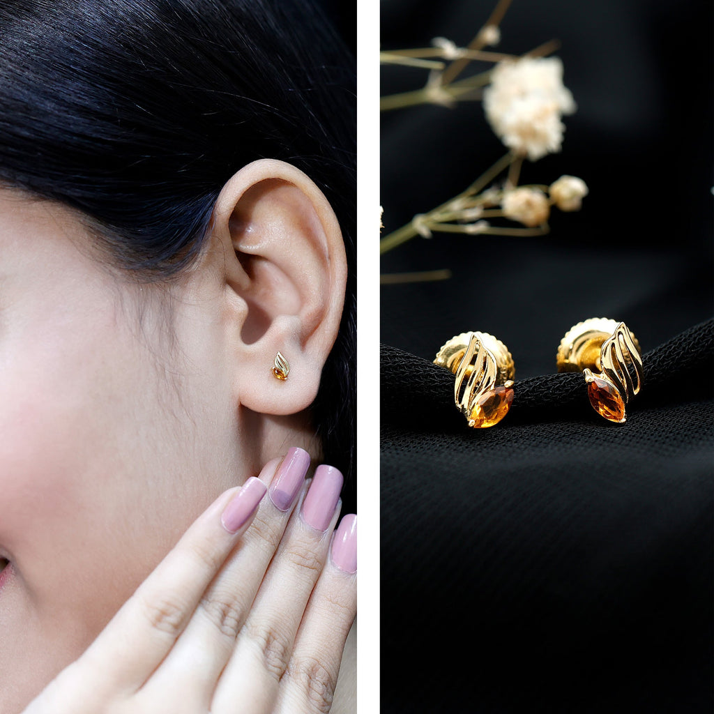Citrine Leaf Earrings – Gold Plated Earrings With Marquise Cut Citrine Stone