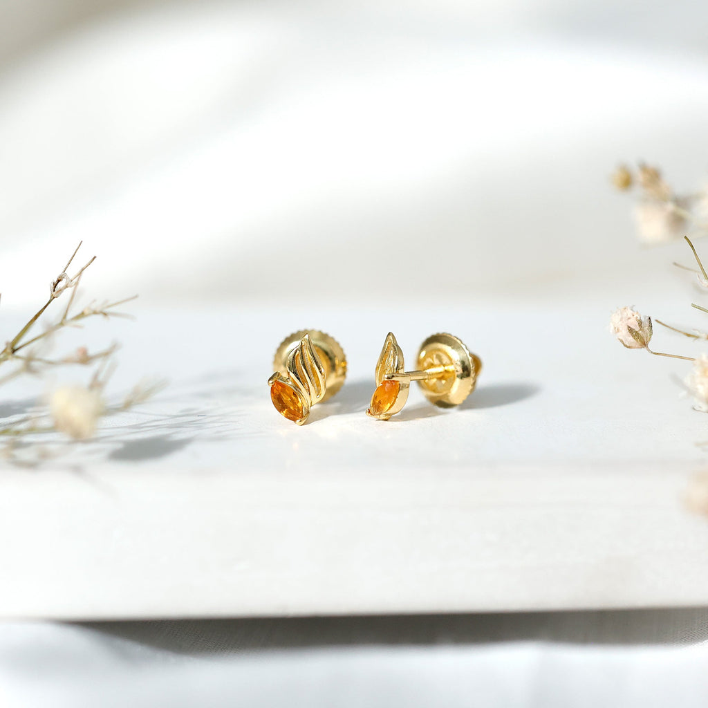 Citrine Leaf Earrings – Gold Plated Earrings With Marquise Cut Citrine Stone