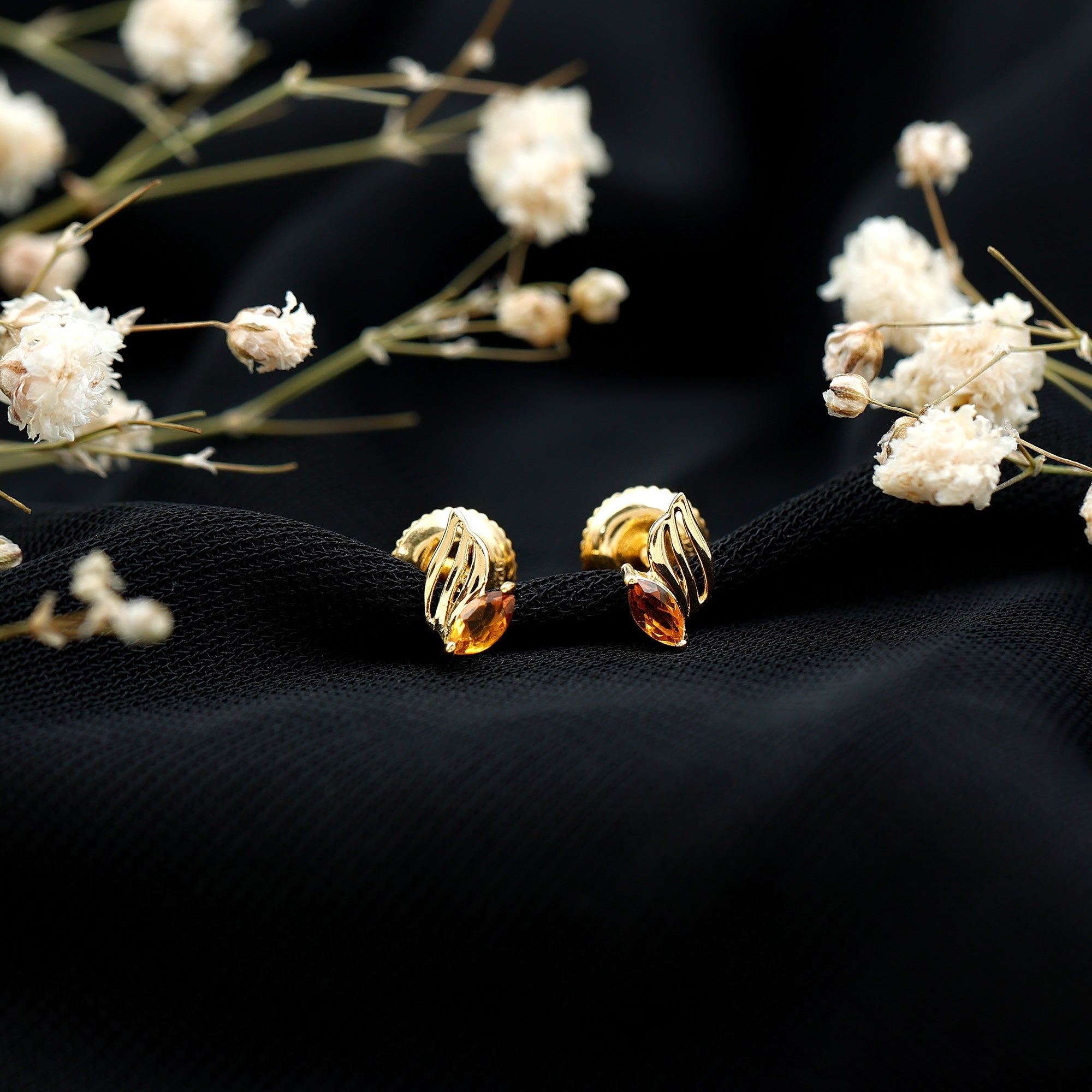 Citrine Leaf Earrings – Gold Plated Earrings With Marquise Cut Citrine Stone