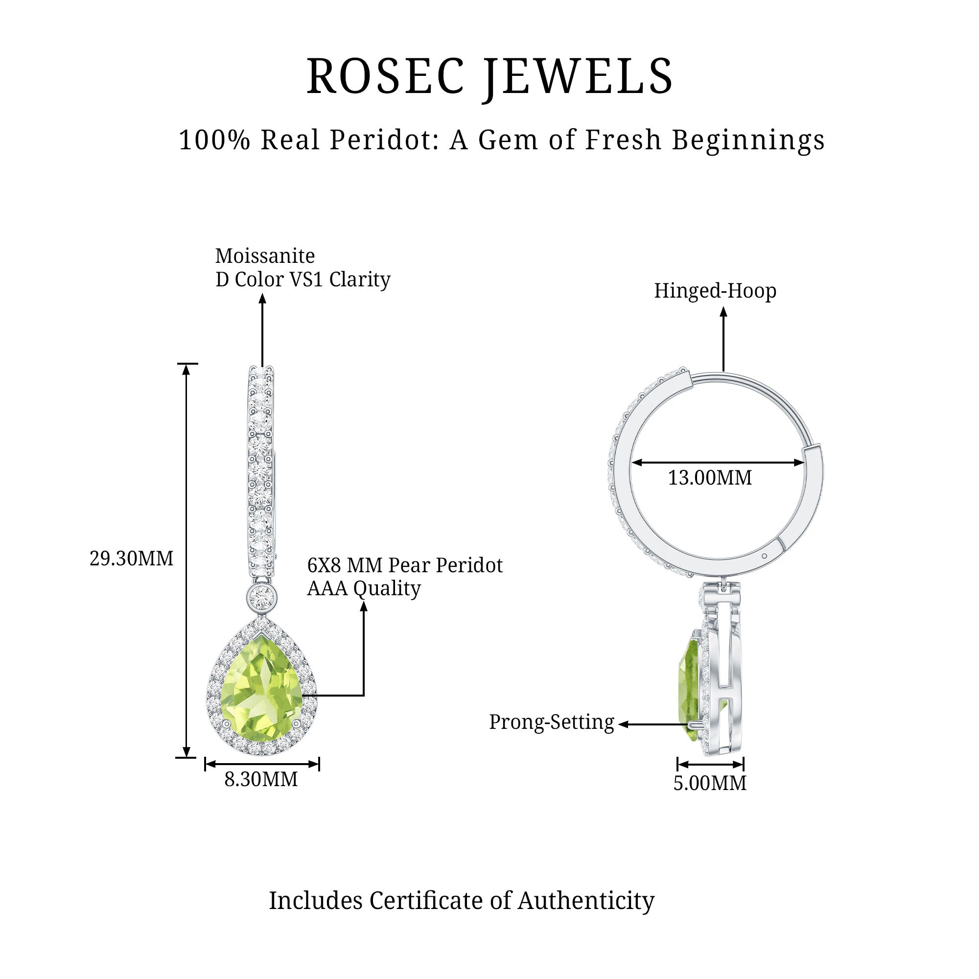 Peridot Teardrop Earrings – Classic Moissanite Hoop Earrings with Hinged Closure