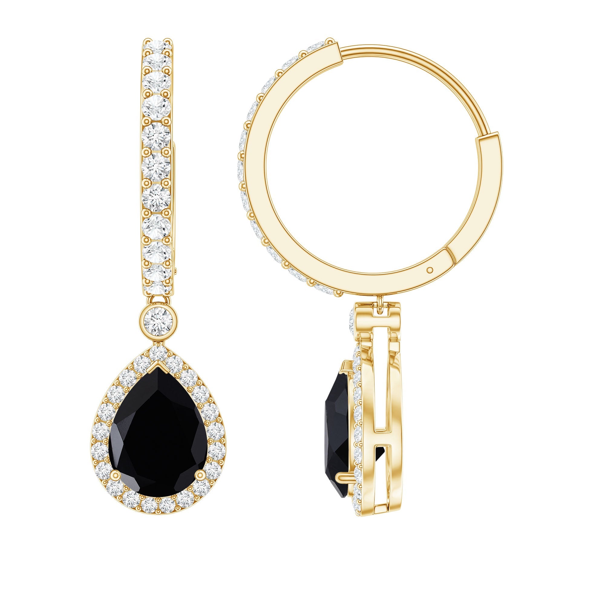 Natural Pear Shape Black Onyx Hoop Drop Earrings