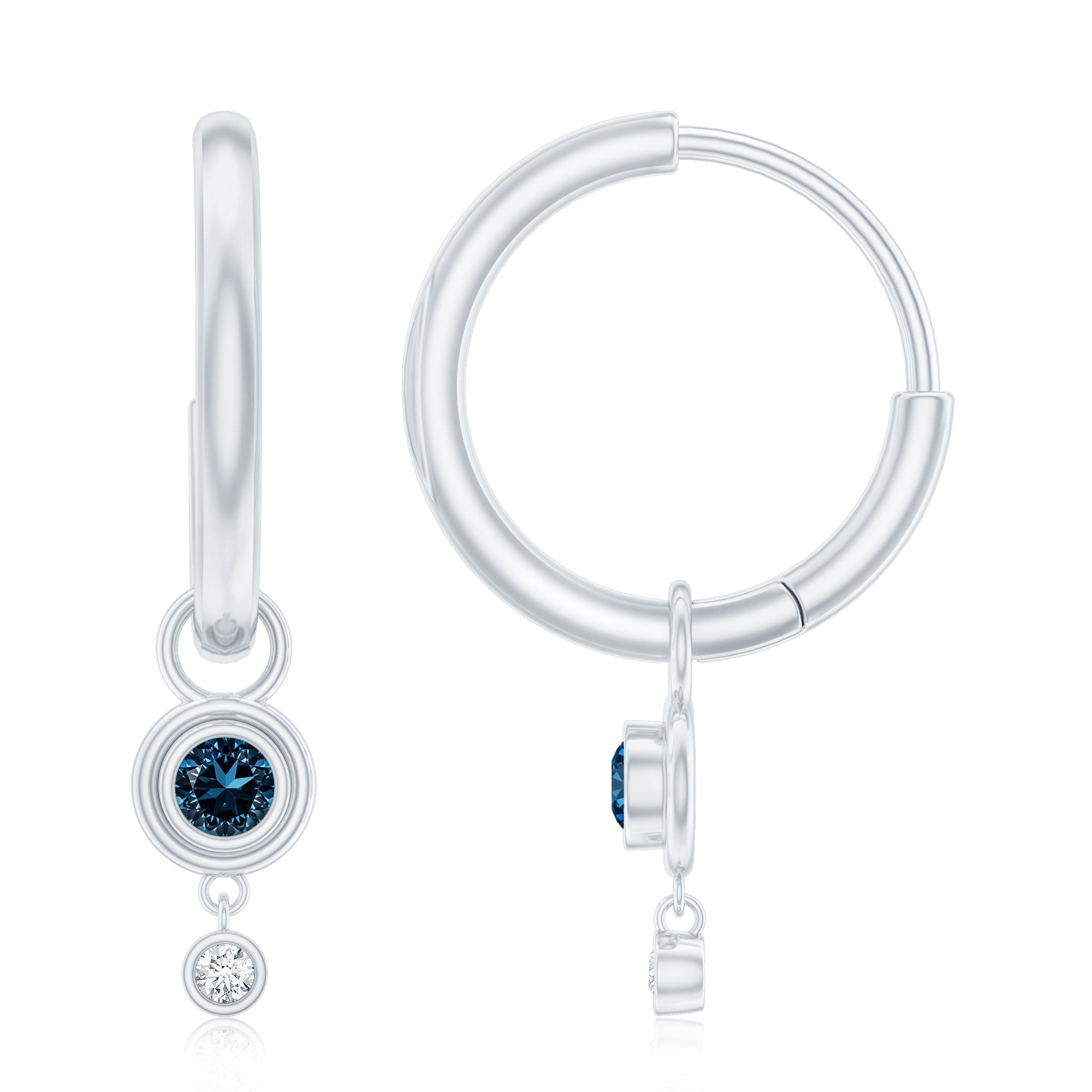 London Blue Topaz Earrings – Bezel Set Hoop Drop With Lab Diamond Hoops