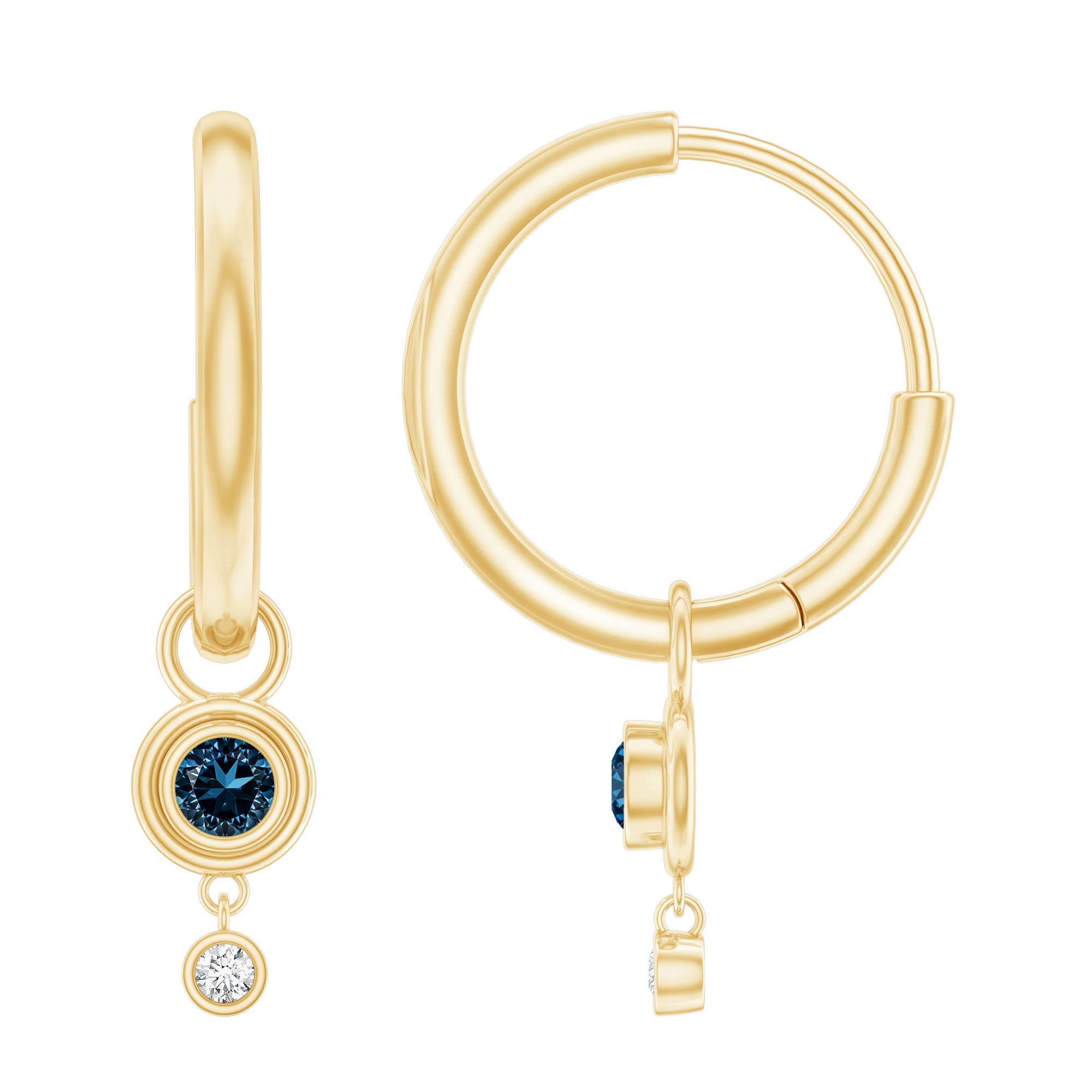 London Blue Topaz Earrings – Bezel Set Hoop Drop With Lab Diamond Hoops