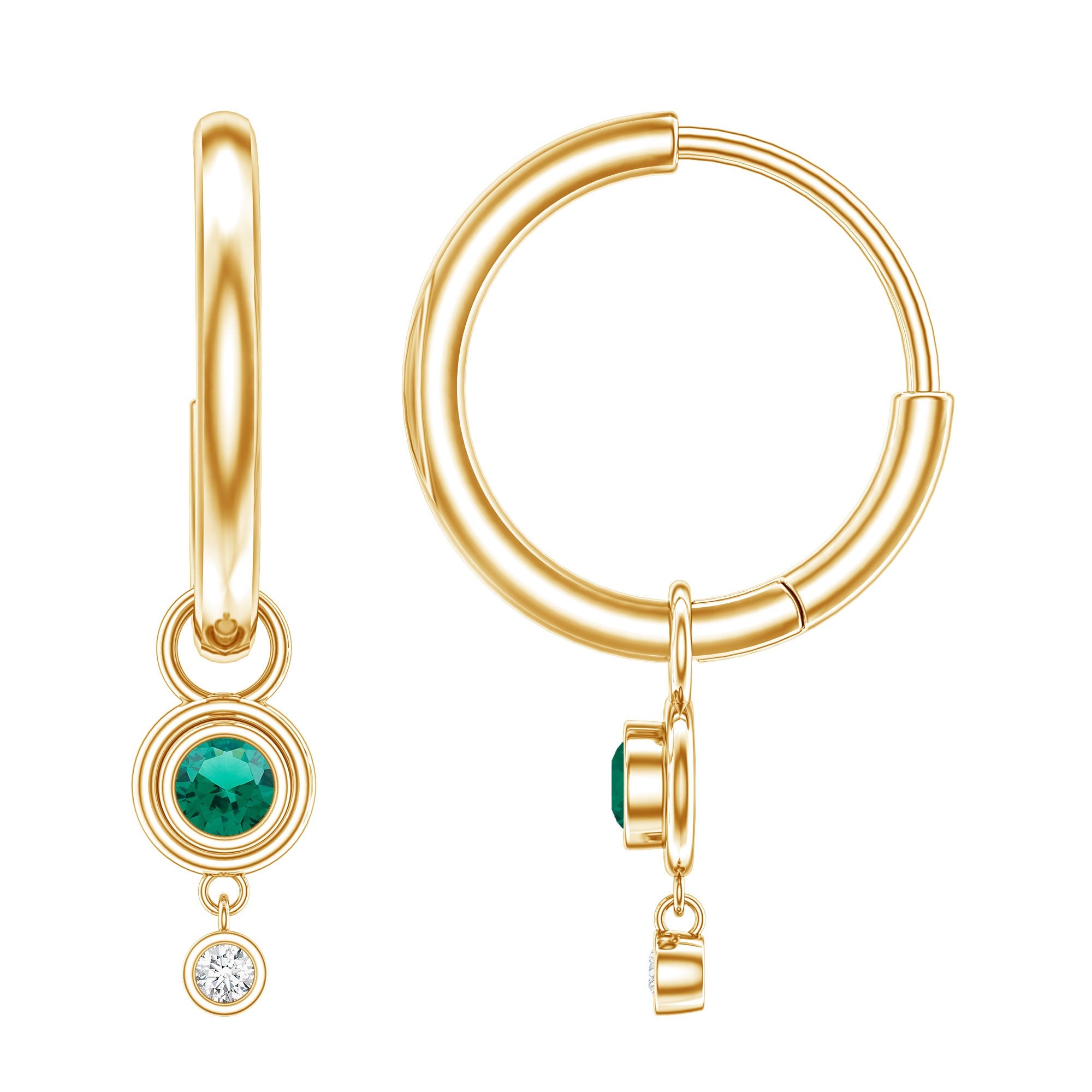 Lab Grown Emerald Earrings – Diamond Drop Hoop Earrings with Bezel Setting