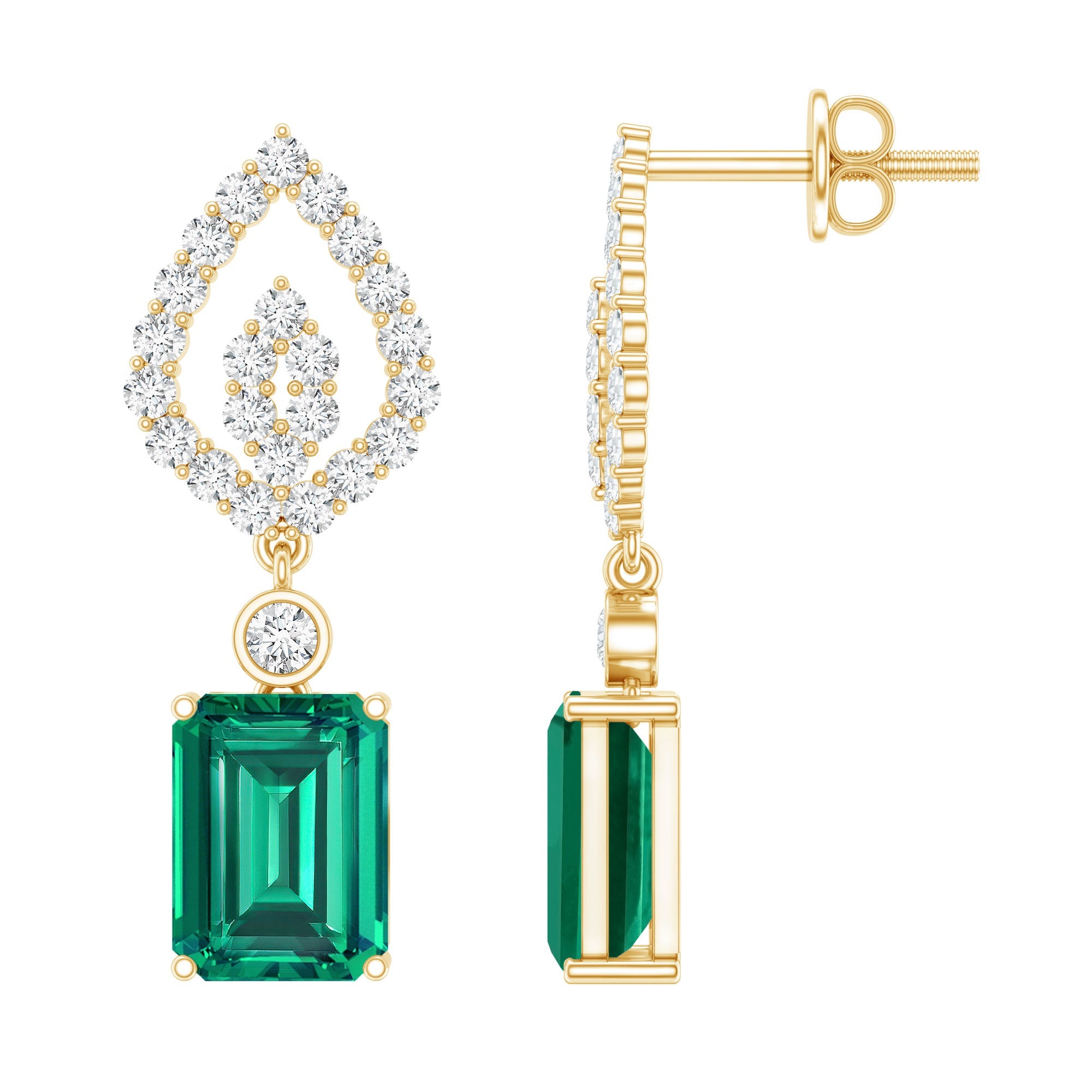 Lab Grown Emerald Earrings – Art Deco Diamond Drop With Screw Back Design