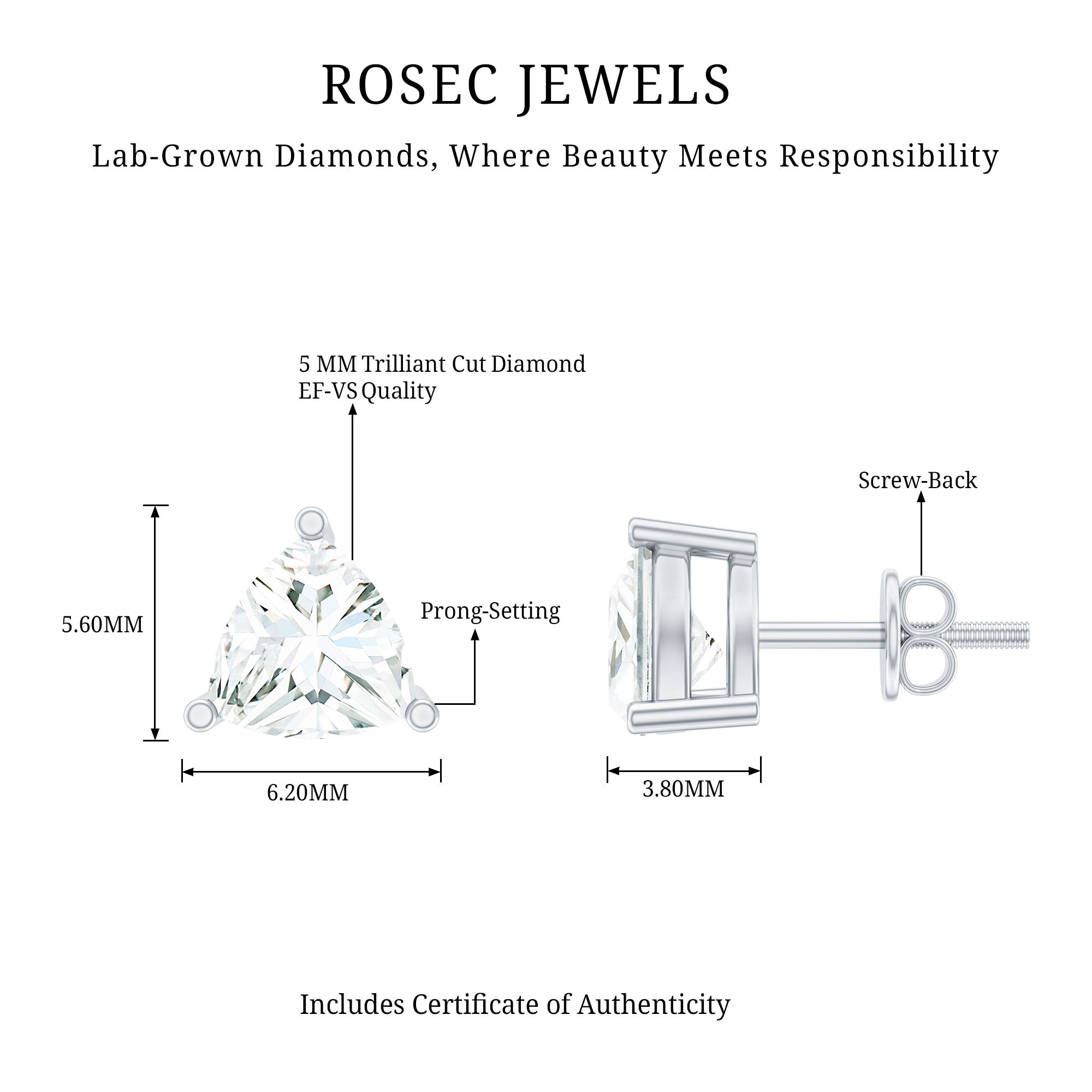 Lab Grown Diamond Earrings – 5 MM Trilliant Cut Solitaire Studs with Secure Screw Back