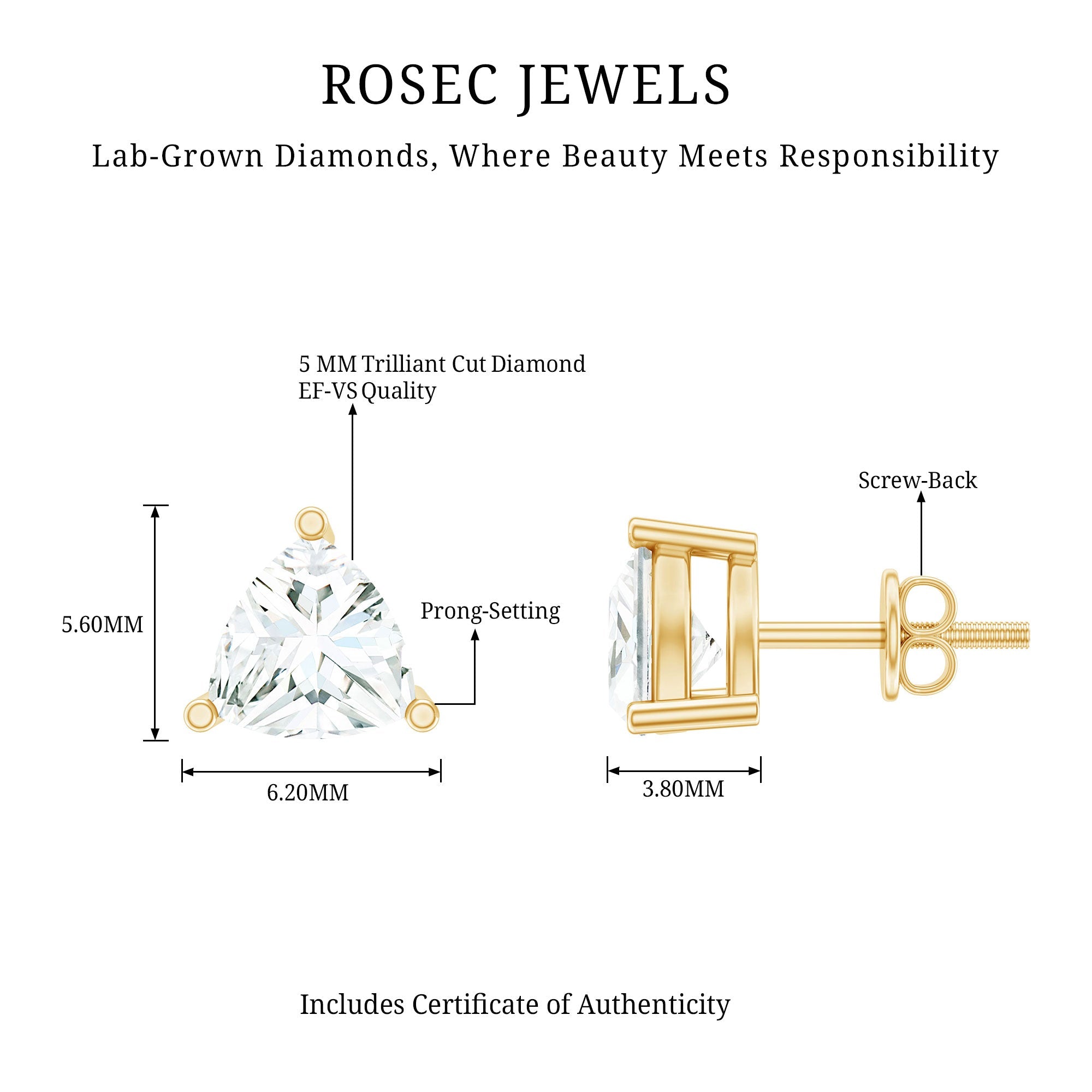 Lab Grown Diamond Earrings – 5 MM Trilliant Cut Solitaire Studs with Secure Screw Back
