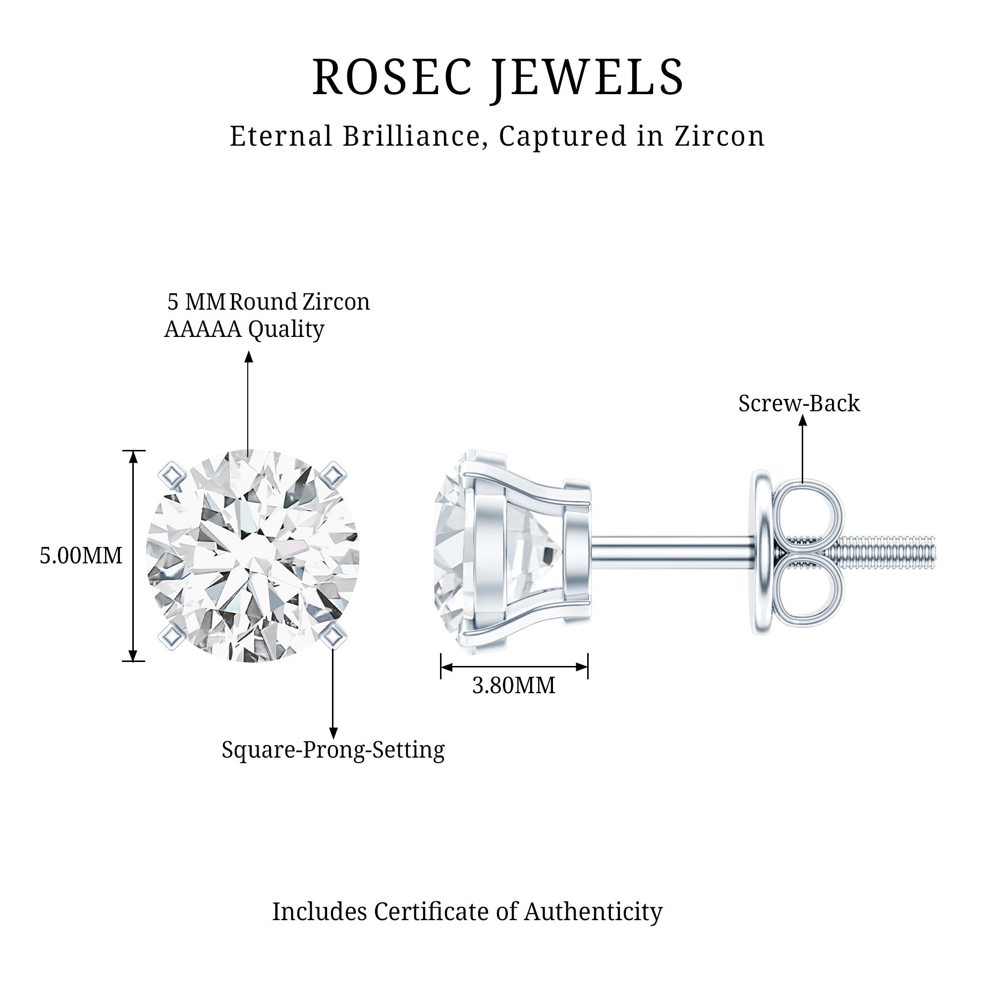 Cubic Zirconia Stud Earrings – 1 Carat Solitaire Silver Stud Earrings With Square Prong Setting