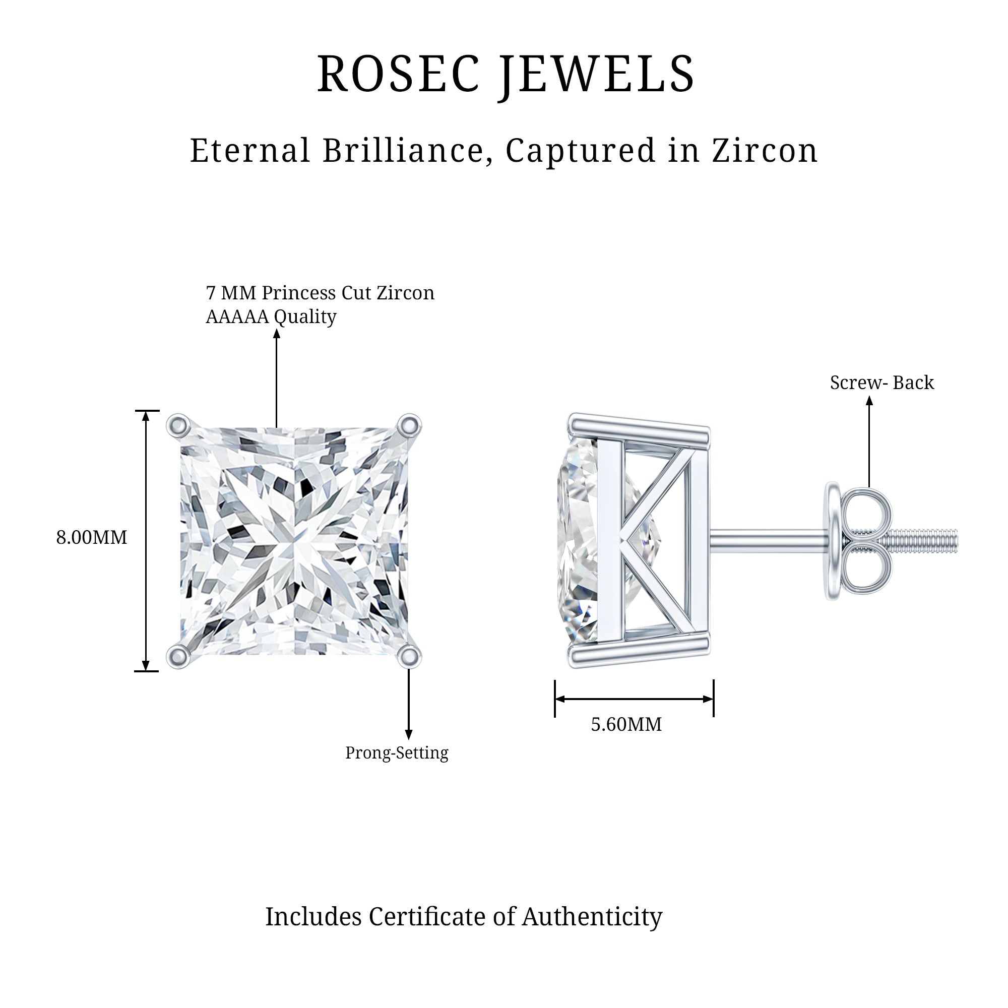 Princess Cut Earrings – 7 MM Cubic Zirconia Studs | Silver Stud Earrings AAAA Quality