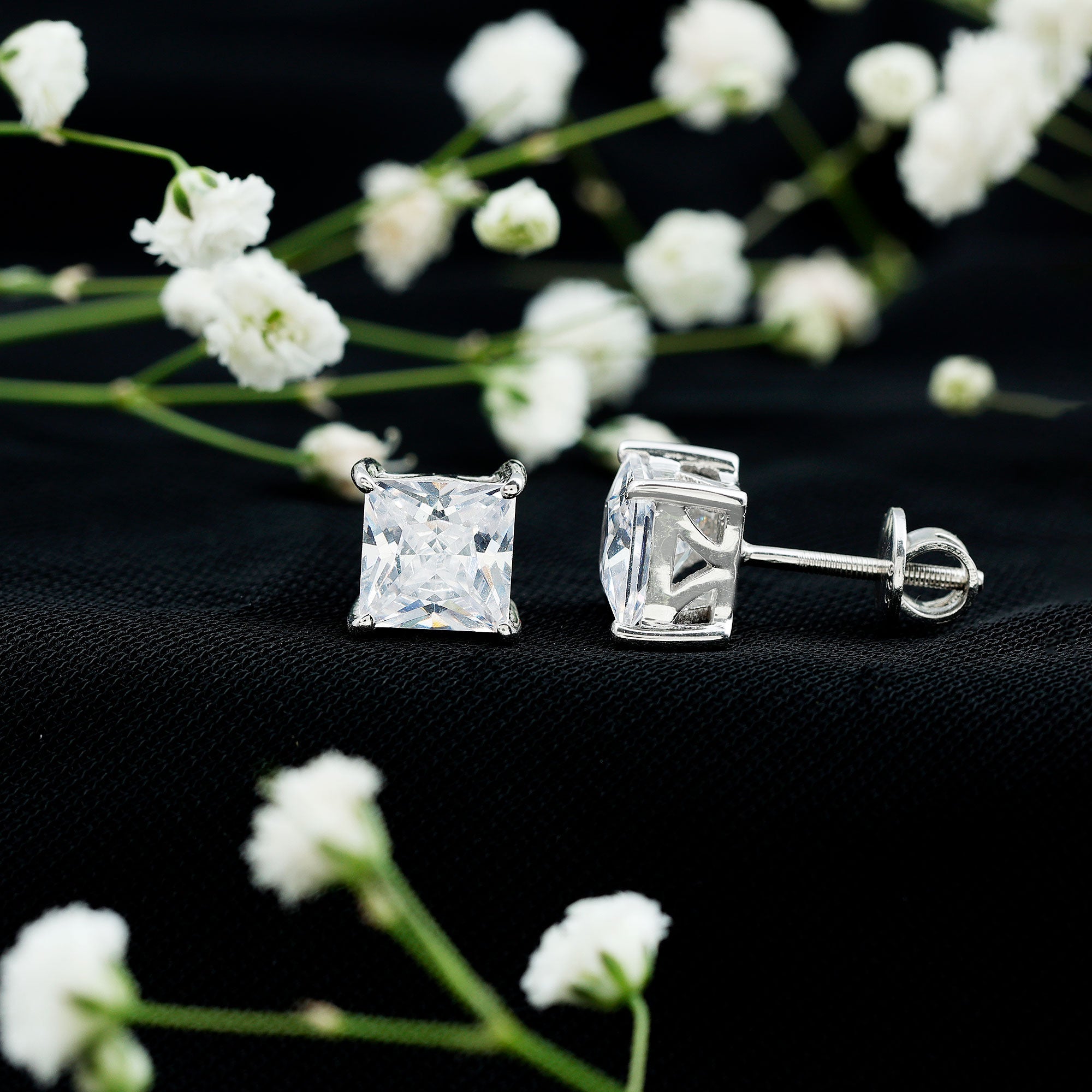 Princess Cut Earrings – 7 MM Cubic Zirconia Studs | Silver Stud Earrings AAAA Quality