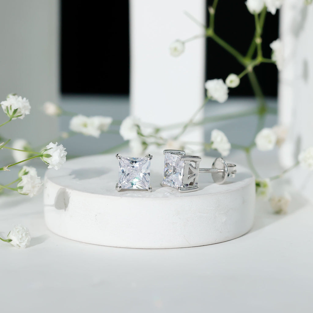 Princess Cut Earrings – 7 MM Cubic Zirconia Studs | Silver Stud Earrings AAAA Quality