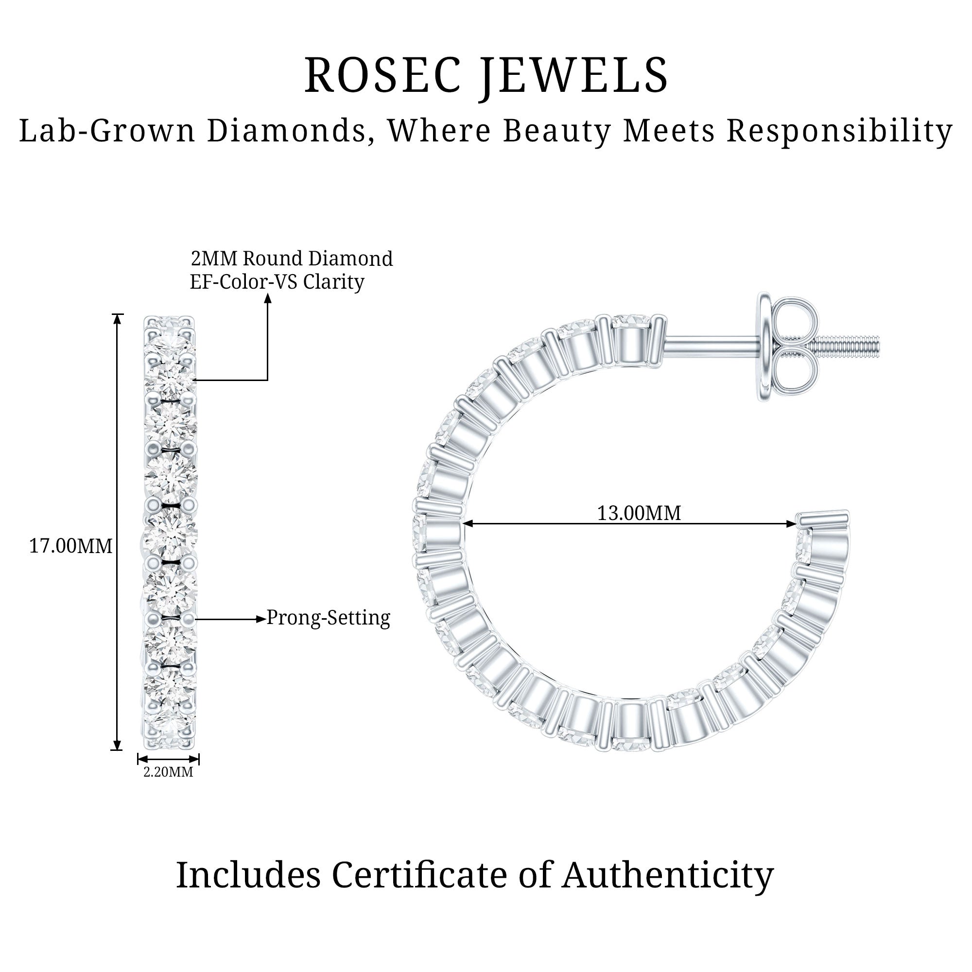 Lab Grown Diamond Earrings – Sparkling Half Hoop Earrings with Screw Back Closure