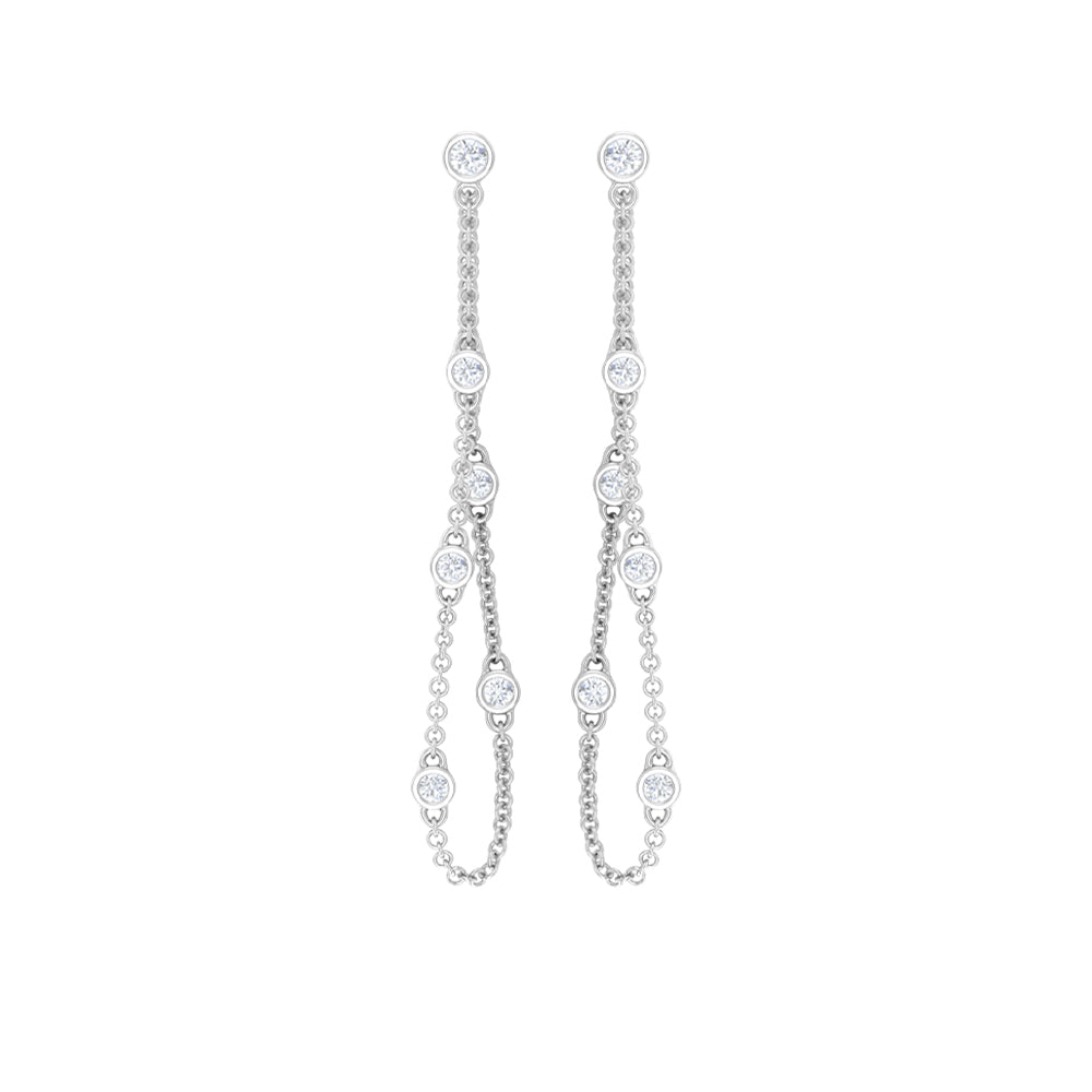 Bezel Set Diamond Earrings – Long Chain Dangle With Round Cut Diamonds