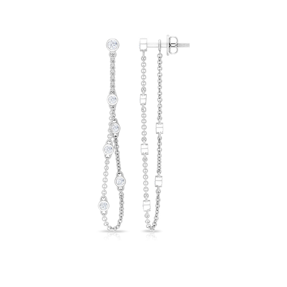 Bezel Set Diamond Earrings – Long Chain Dangle With Round Cut Diamonds