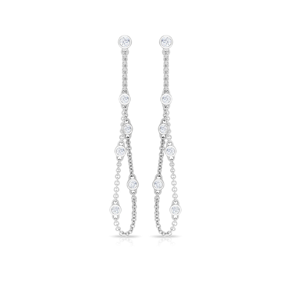Bezel Set Diamond Earrings – Long Chain Dangle With Round Cut Diamonds