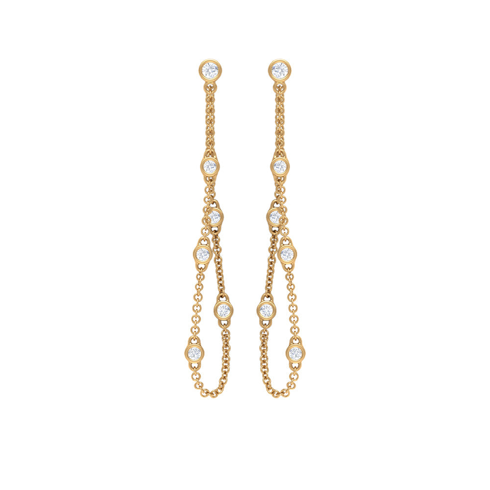Bezel Set Diamond Earrings – Long Chain Dangle With Round Cut Diamonds