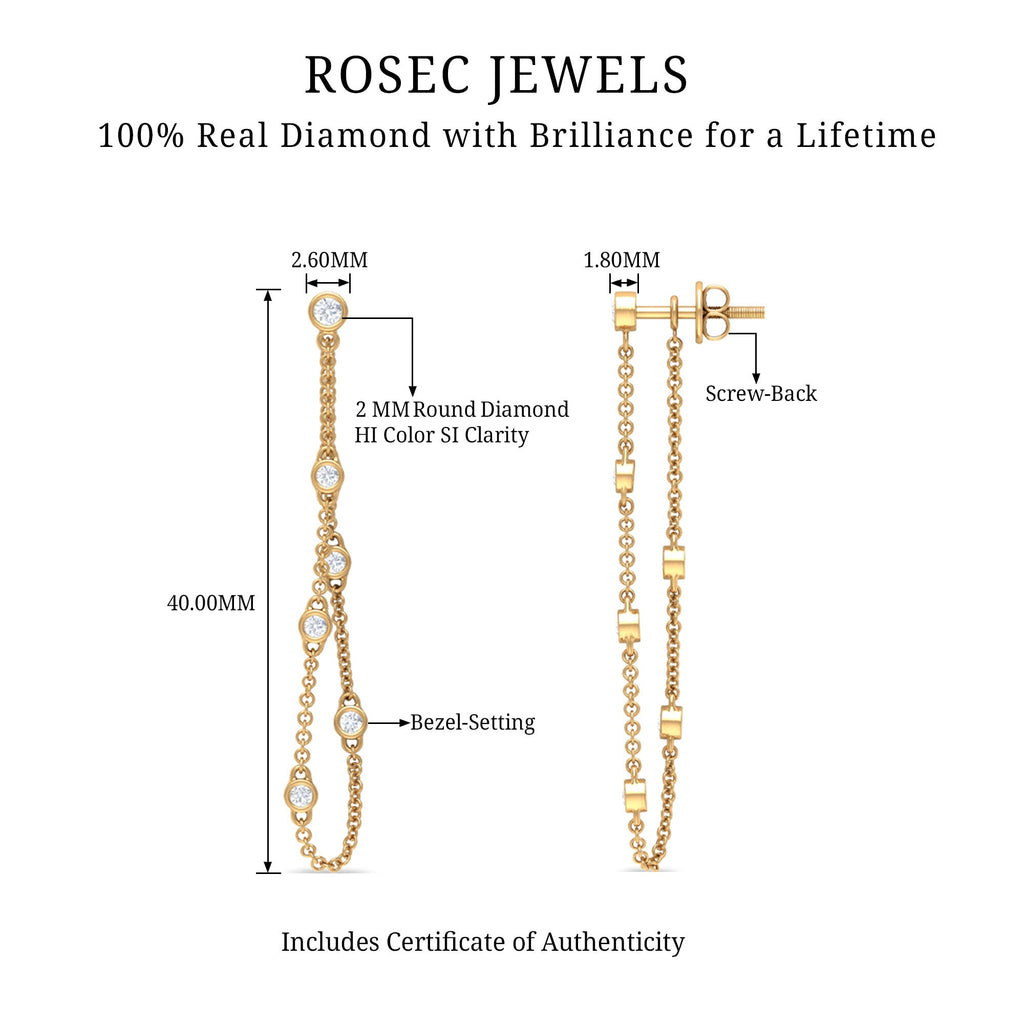 Bezel Set Diamond Earrings – Long Chain Dangle With Round Cut Diamonds