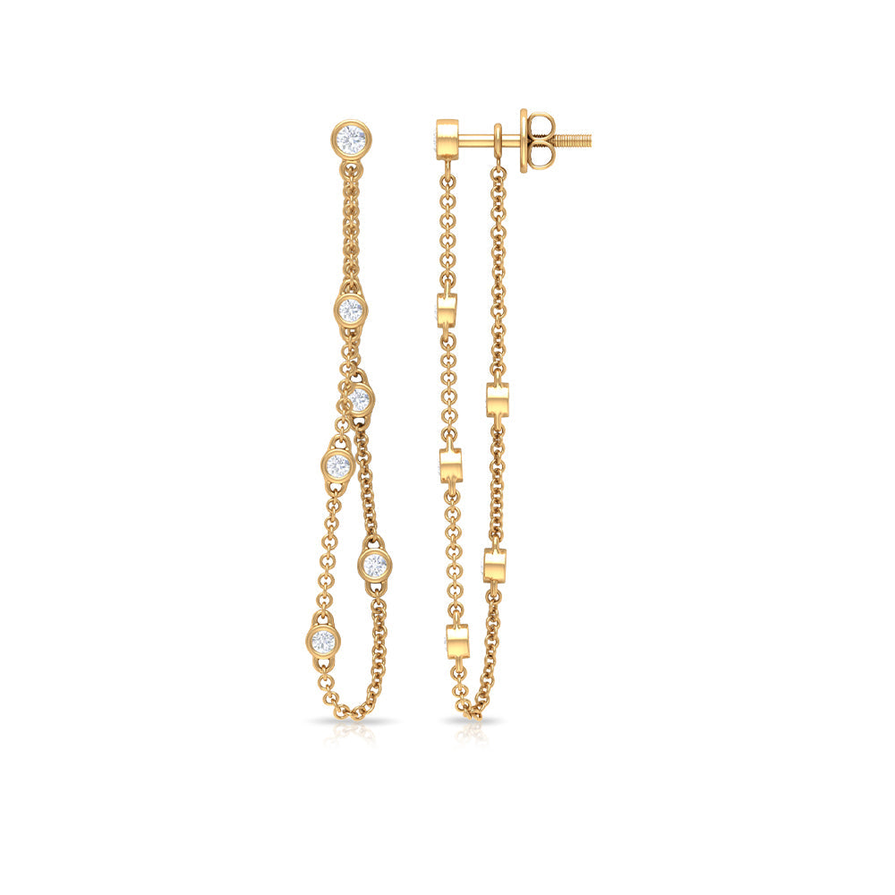 Bezel Set Diamond Earrings – Long Chain Dangle With Round Cut Diamonds
