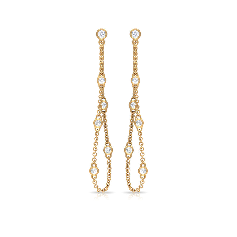 Bezel Set Diamond Earrings – Long Chain Dangle With Round Cut Diamonds