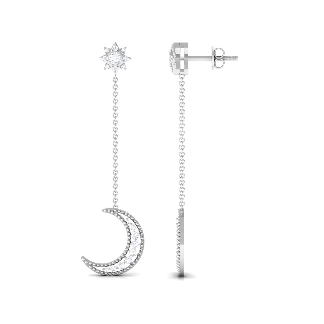 Diamond Chain Earrings – Crescent Moon & Star Dangle | Elegant Fine Jewelry