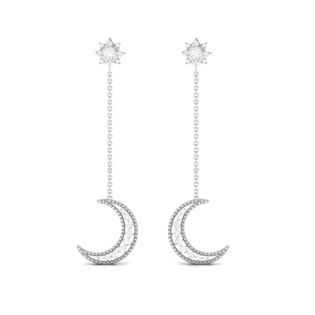 Diamond Chain Earrings – Crescent Moon & Star Dangle | Elegant Fine Jewelry