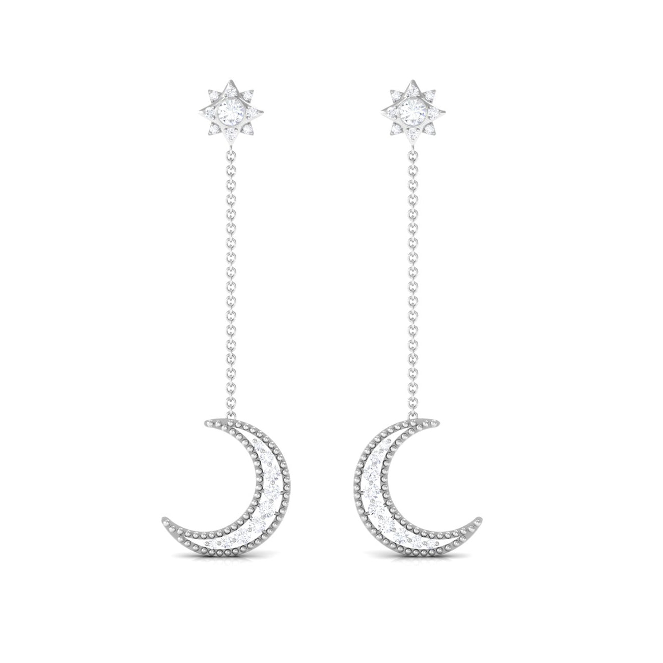 Diamond Chain Earrings – Crescent Moon & Star Dangle | Elegant Fine Jewelry