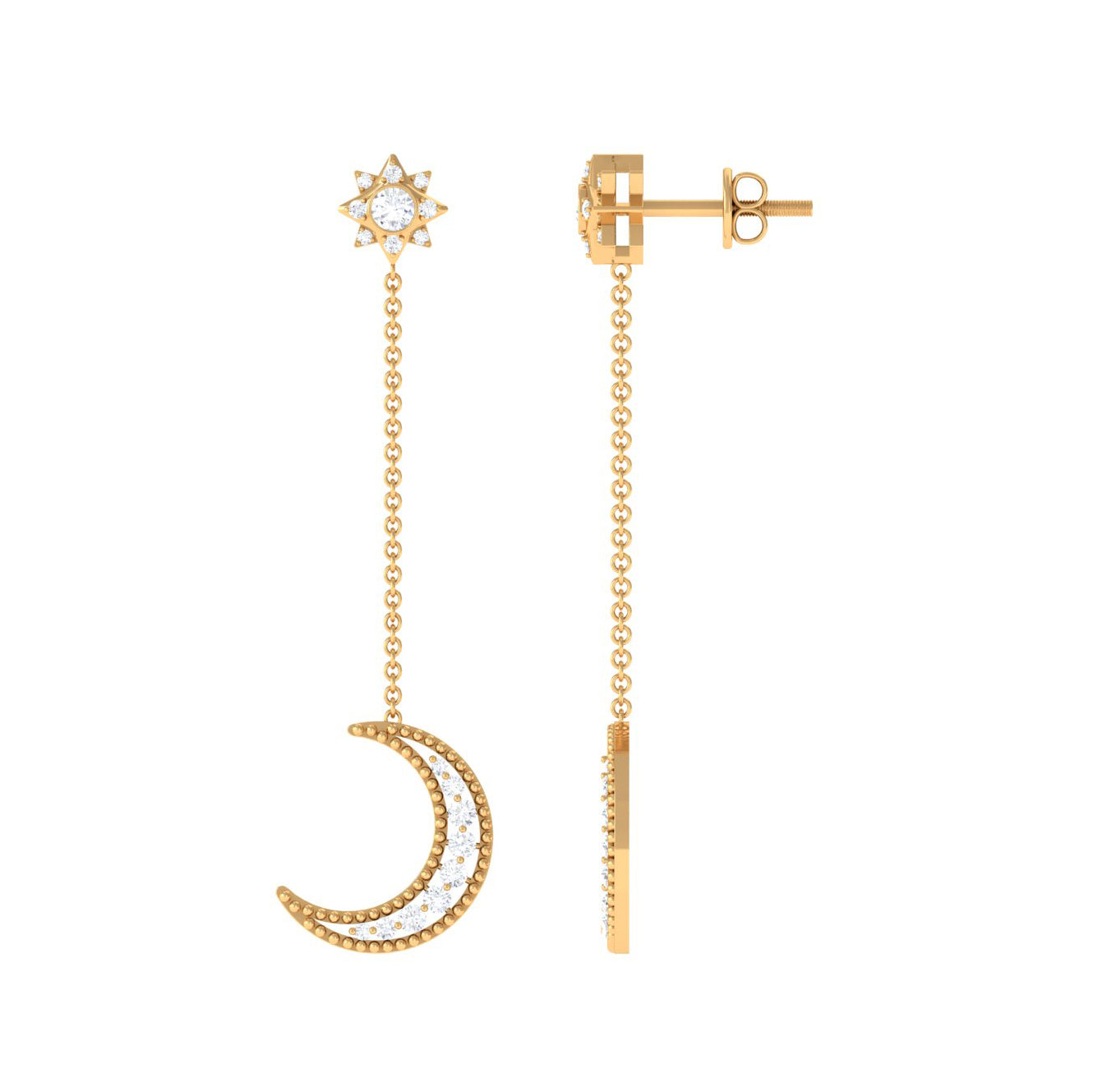 Diamond Chain Earrings – Crescent Moon & Star Dangle | Elegant Fine Jewelry