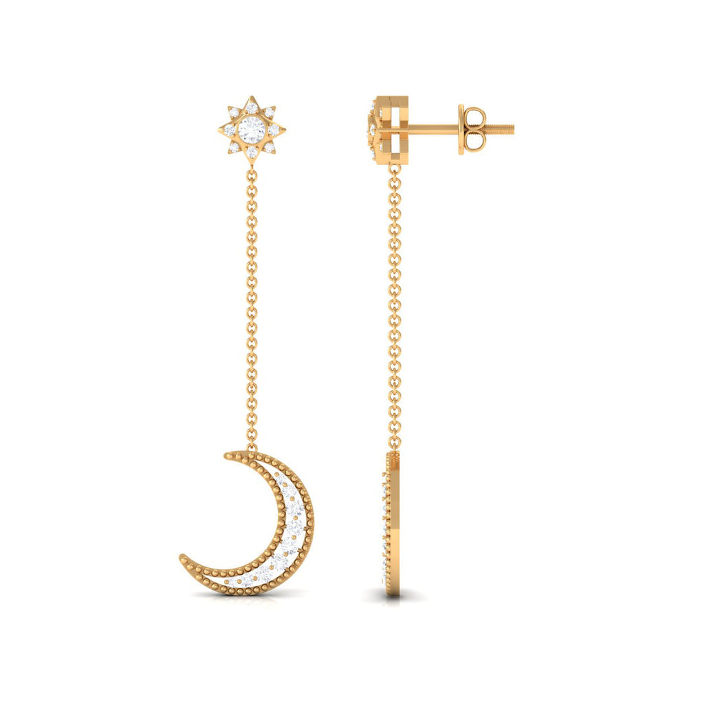Diamond Chain Earrings – Crescent Moon & Star Dangle | Elegant Fine Jewelry