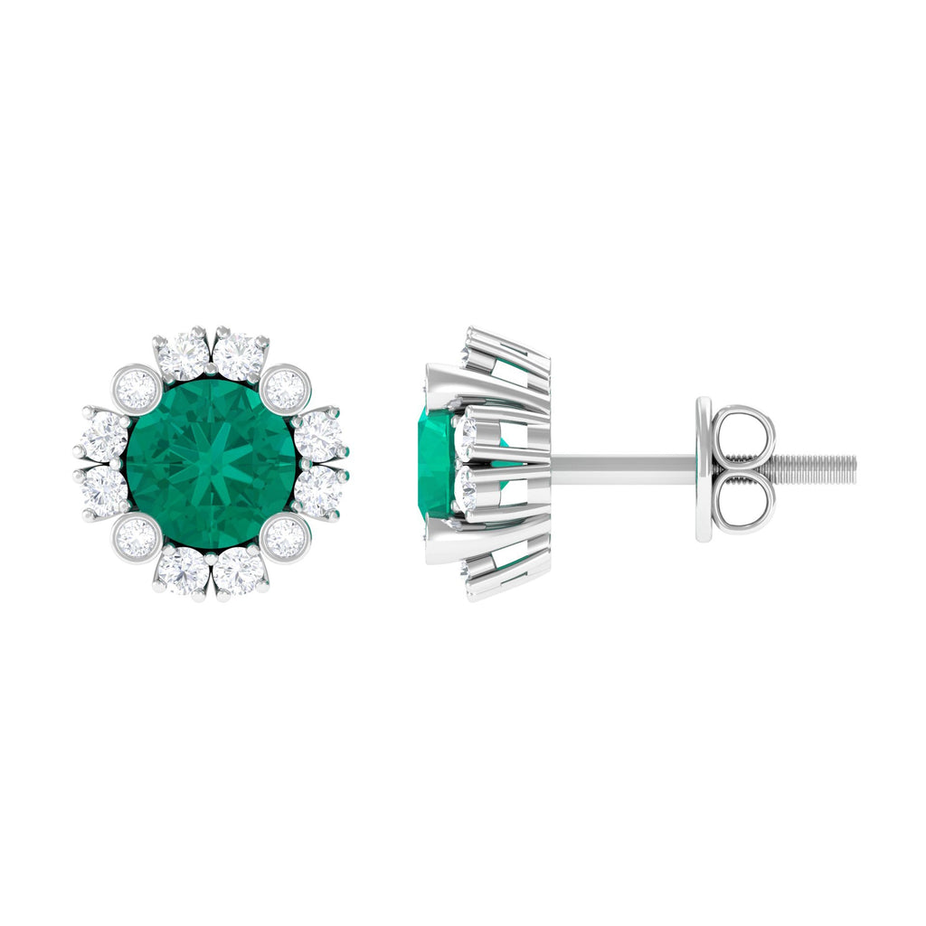 Emerald Halo Earrings – 0.99 Ct AAA Quality Emerald & Diamond Studs with Secure Screw Back