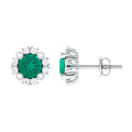 Emerald Halo Earrings – 0.99 Ct AAA Quality Emerald & Diamond Studs with Secure Screw Back