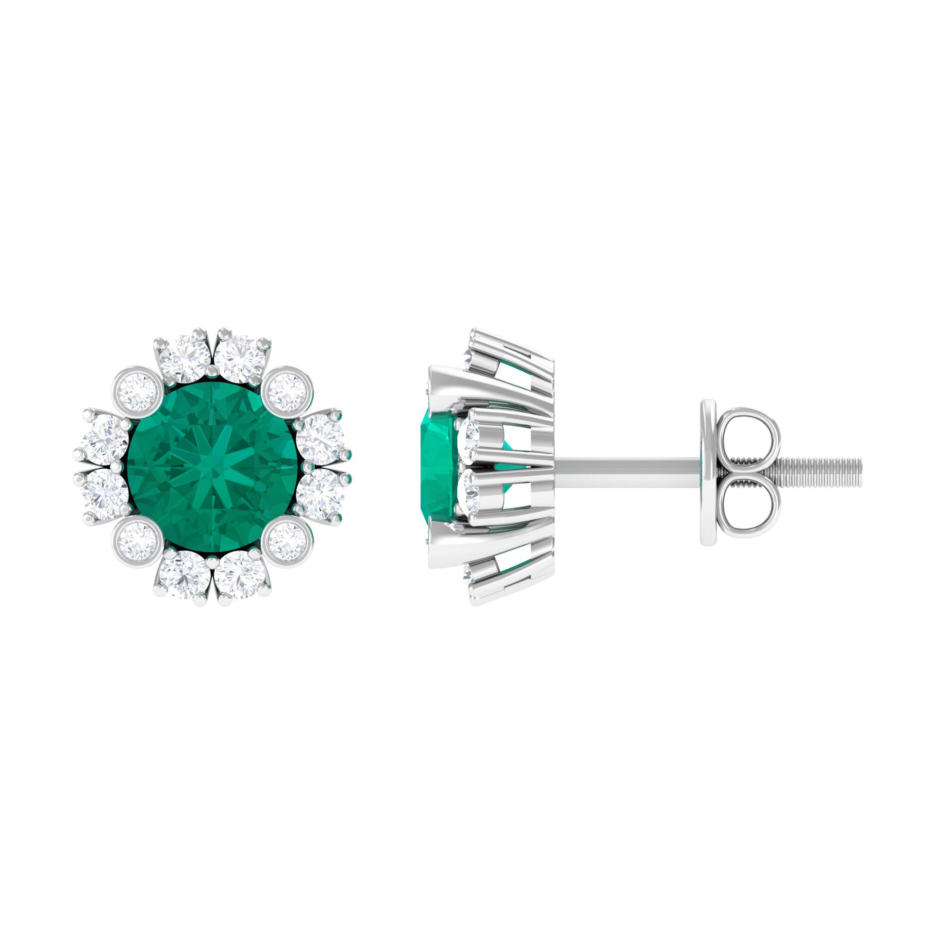 Emerald Halo Earrings – 0.99 Ct AAA Quality Emerald & Diamond Studs with Secure Screw Back