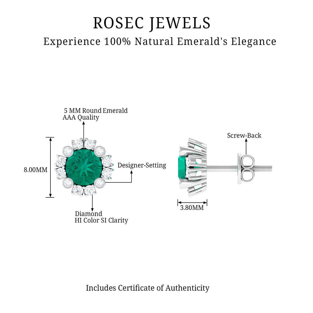 Emerald Halo Earrings – 0.99 Ct AAA Quality Emerald & Diamond Studs with Secure Screw Back