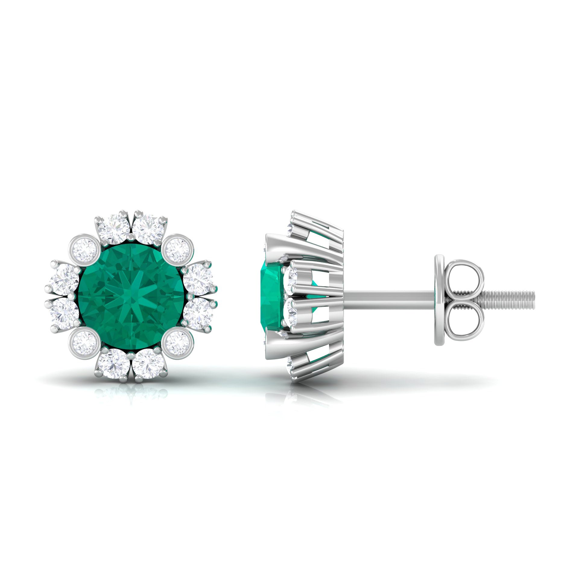 Emerald Halo Earrings – 0.99 Ct AAA Quality Emerald & Diamond Studs with Secure Screw Back