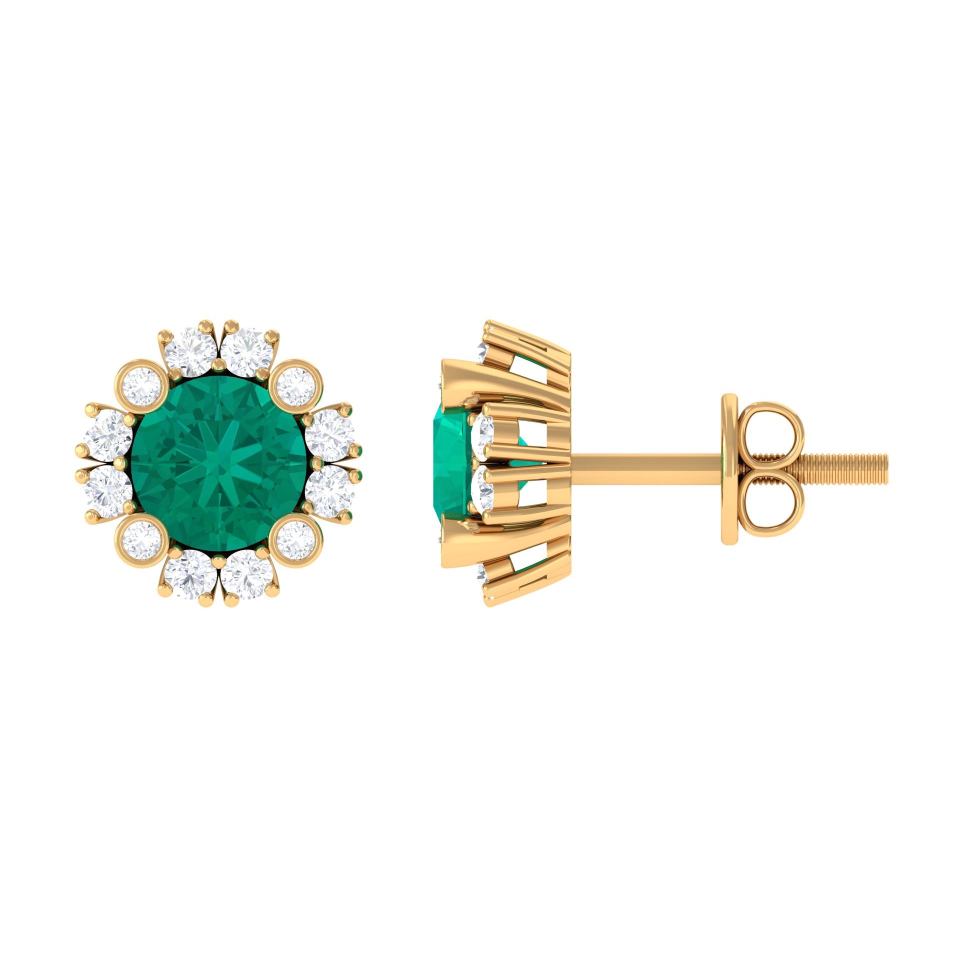 Emerald Halo Earrings – 0.99 Ct AAA Quality Emerald & Diamond Studs with Secure Screw Back