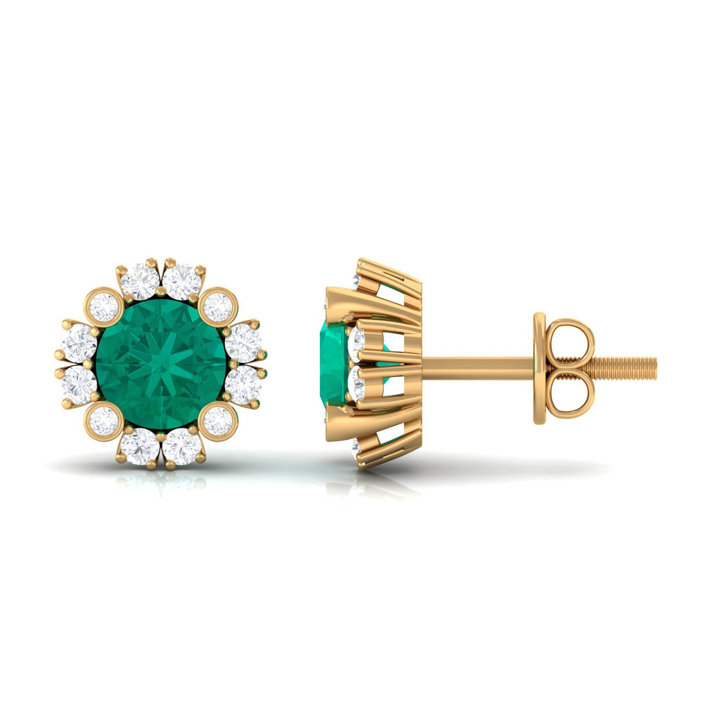 Emerald Halo Earrings – 0.99 Ct AAA Quality Emerald & Diamond Studs with Secure Screw Back
