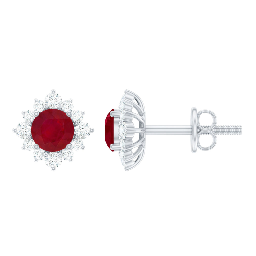 Ruby Stud Earrings – Natural Ruby Earrings with Diamond Halo | 4mm AAA Quality