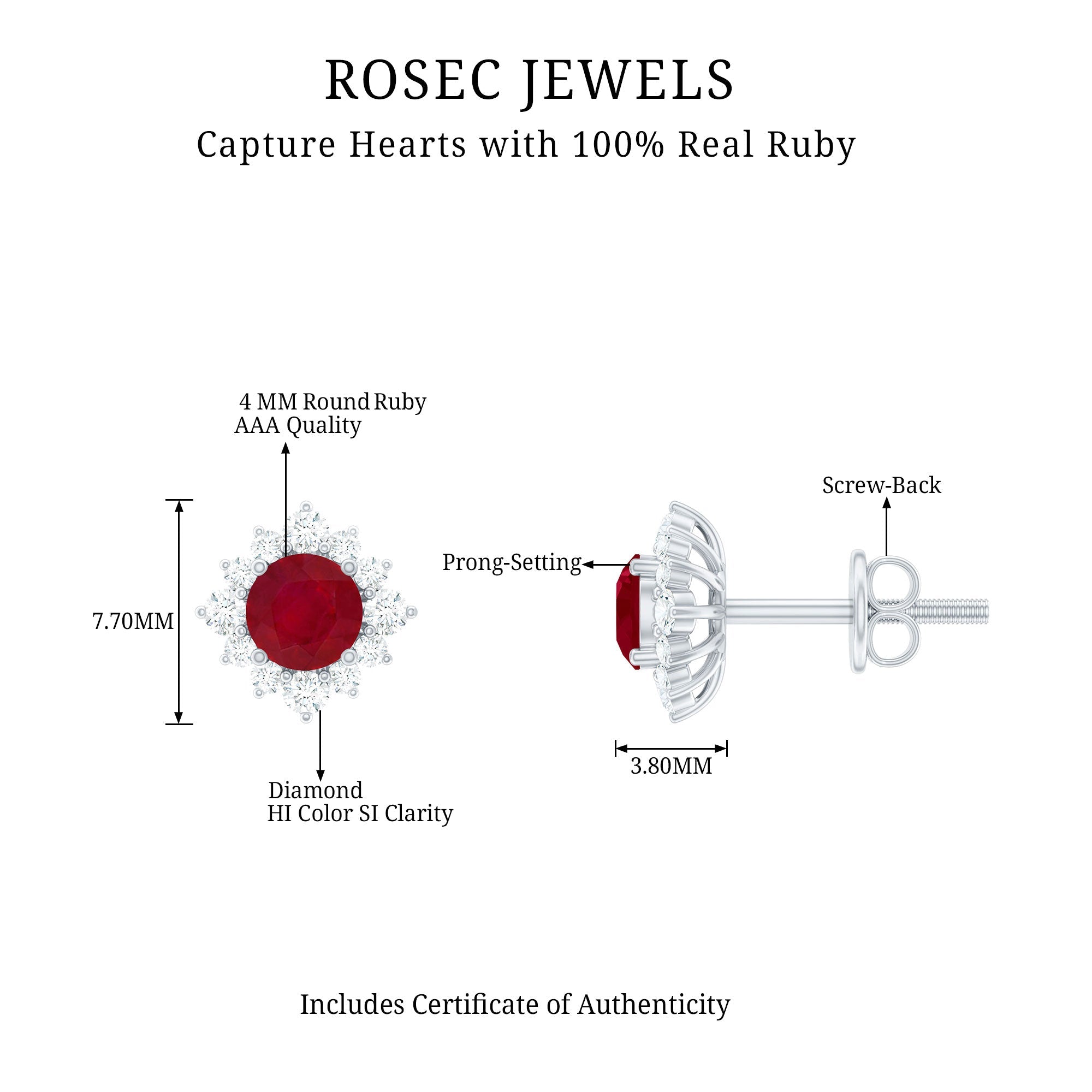 Ruby Stud Earrings – Natural Ruby Earrings with Diamond Halo | 4mm AAA Quality
