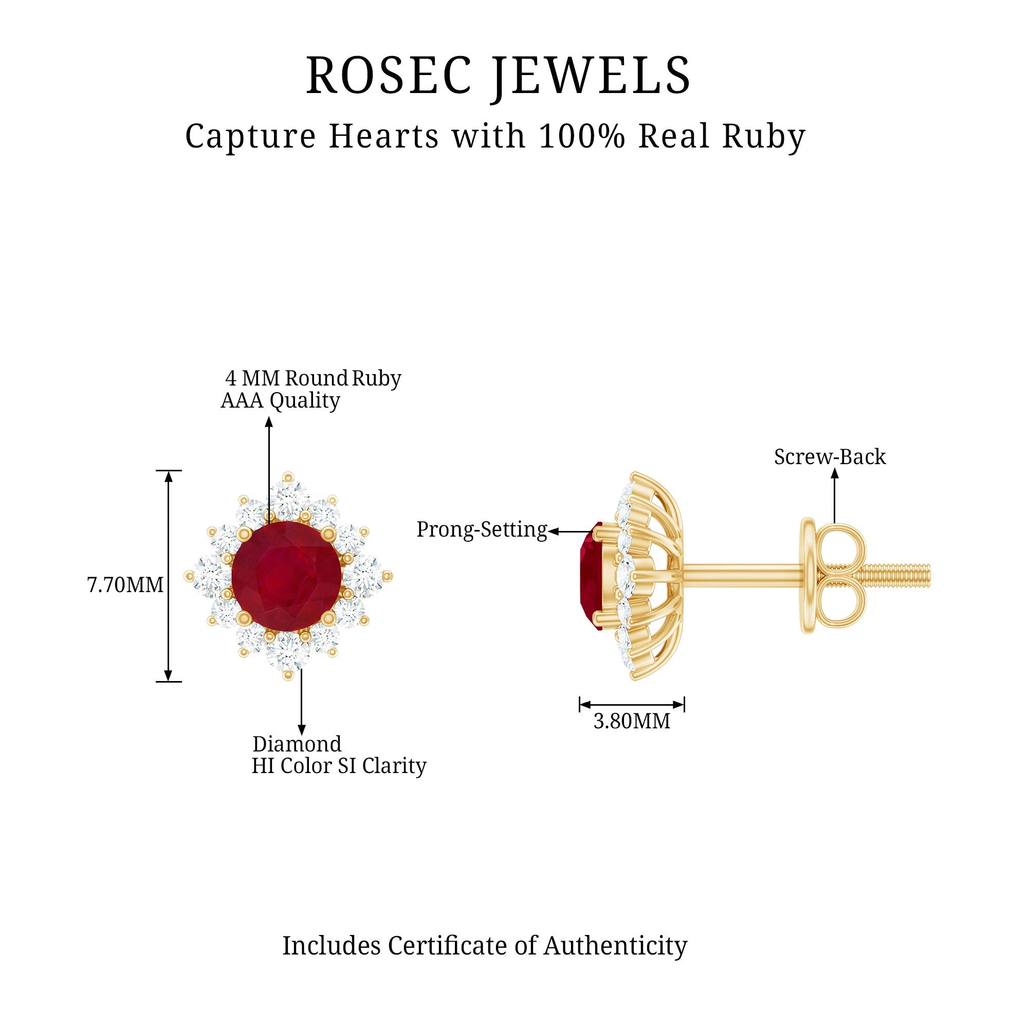 Ruby Stud Earrings – Natural Ruby Earrings with Diamond Halo | 4mm AAA Quality