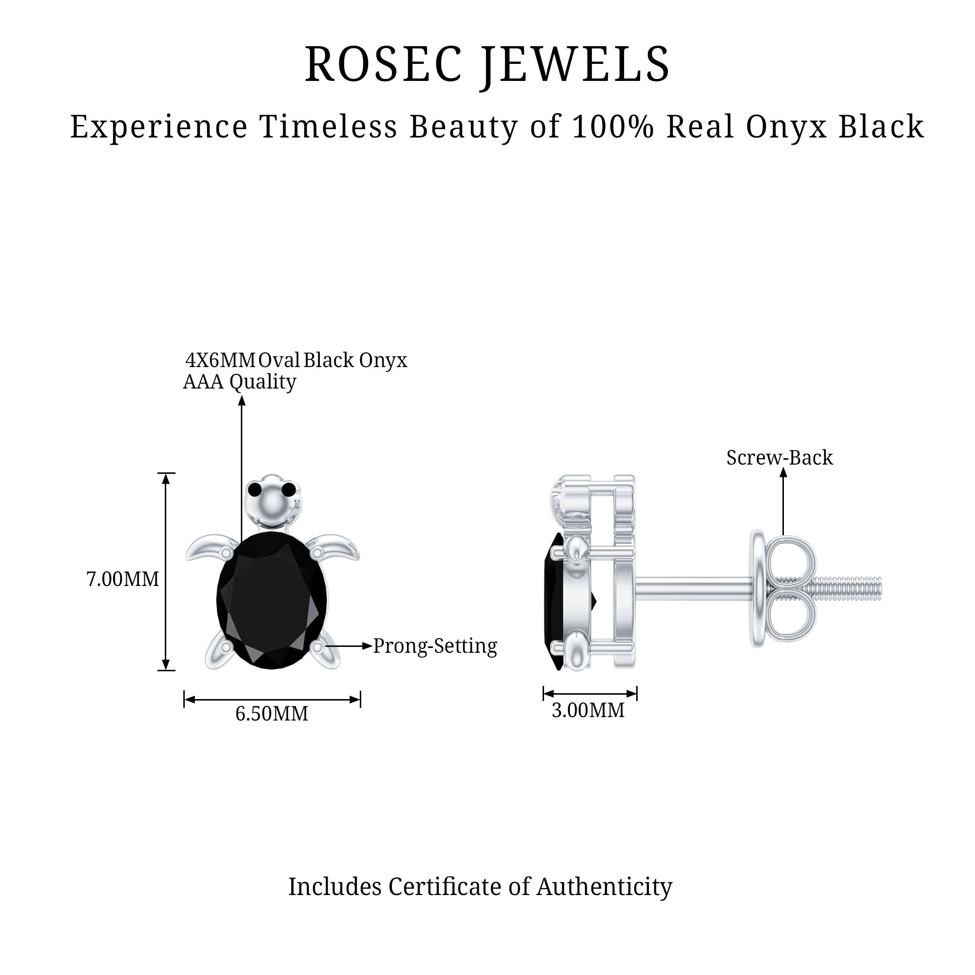 Oval Shaped Black Onyx Turtle Stud Earrings