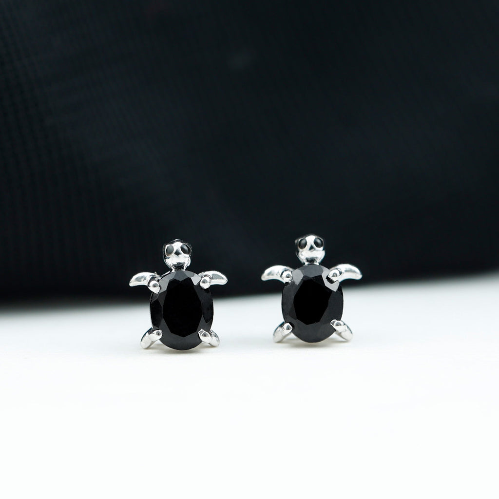 Oval Shaped Black Onyx Turtle Stud Earrings