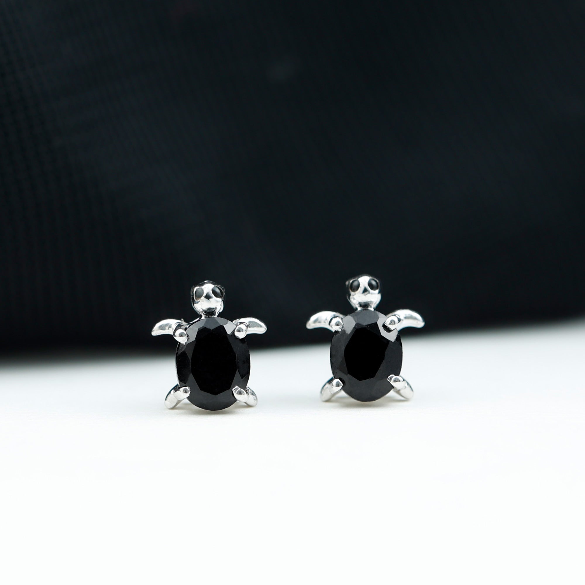 Oval Shaped Black Onyx Turtle Stud Earrings