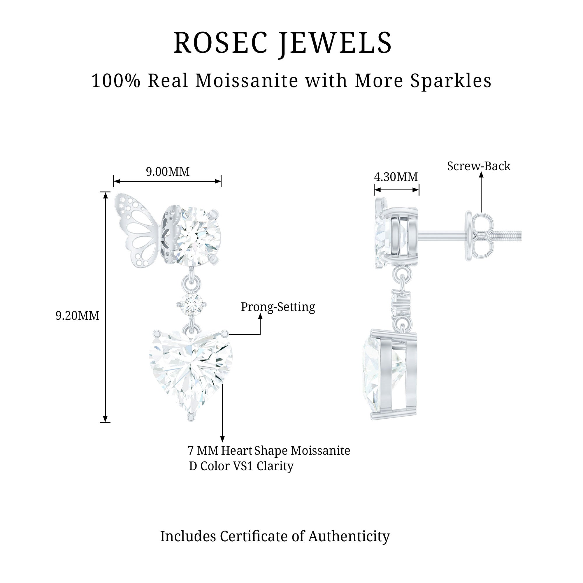 Heart Shape Moissanite Earrings | 3 Carat Drop Earrings with Prong Set Stones