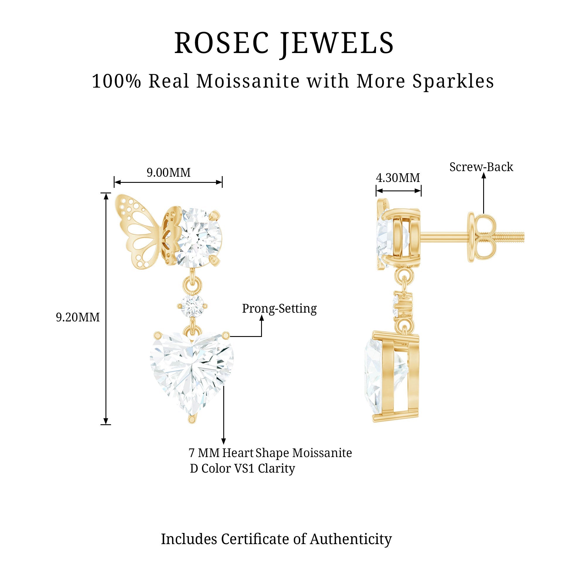 Heart Shape Moissanite Earrings | 3 Carat Drop Earrings with Prong Set Stones
