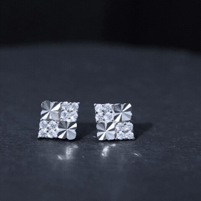 Cubic Zirconia Stud Earrings - Square Silver Studs with Pave Setting, 14k White Gold