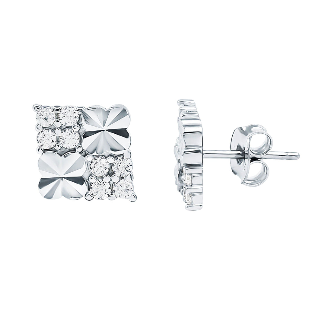 Cubic Zirconia Stud Earrings - Square Silver Studs with Pave Setting, 14k White Gold