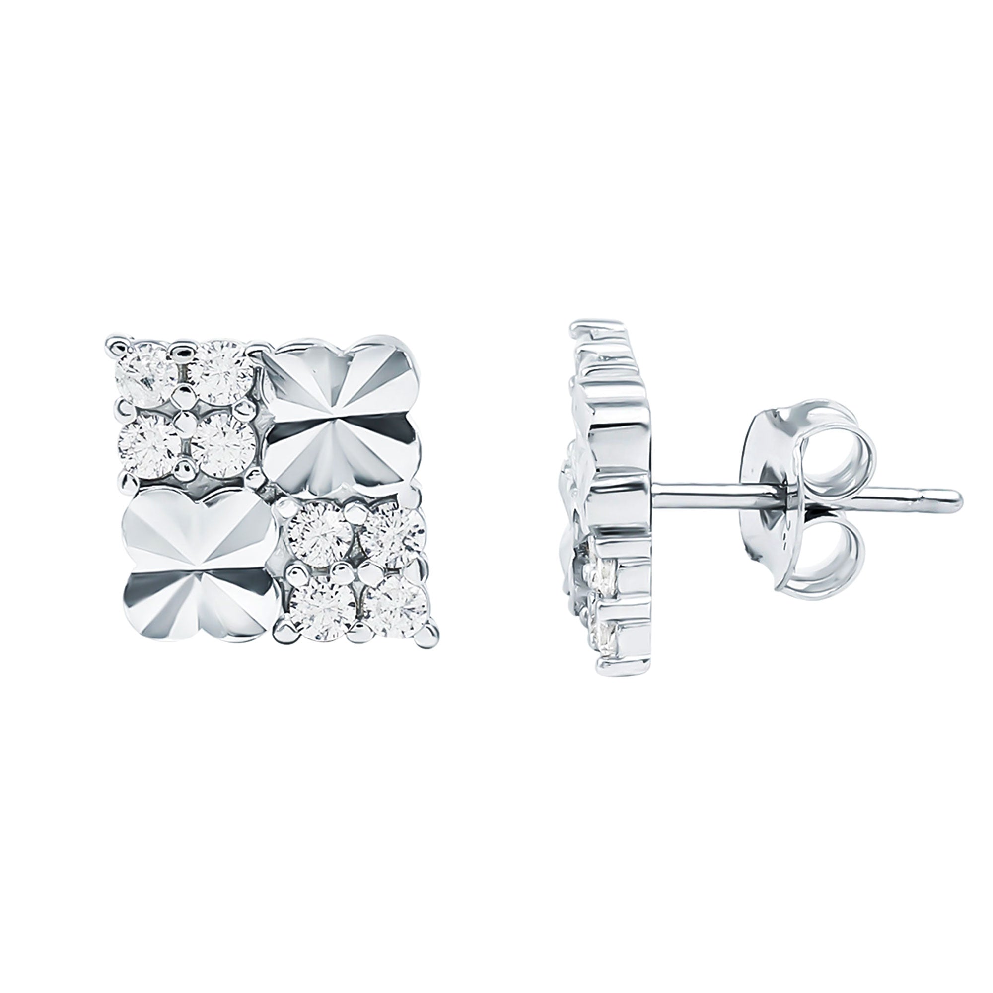 Cubic Zirconia Stud Earrings - Square Silver Studs with Pave Setting, 14k White Gold