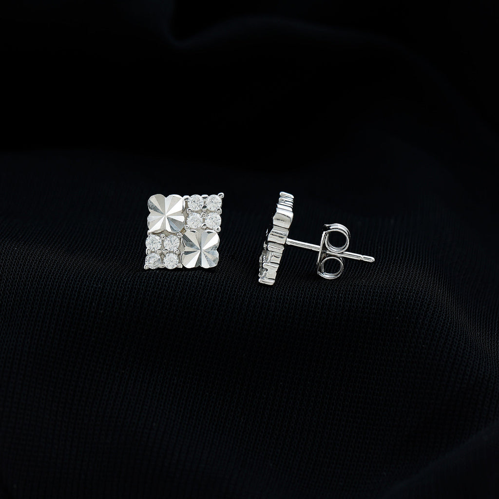 Cubic Zirconia Stud Earrings - Square Silver Studs with Pave Setting, 14k White Gold