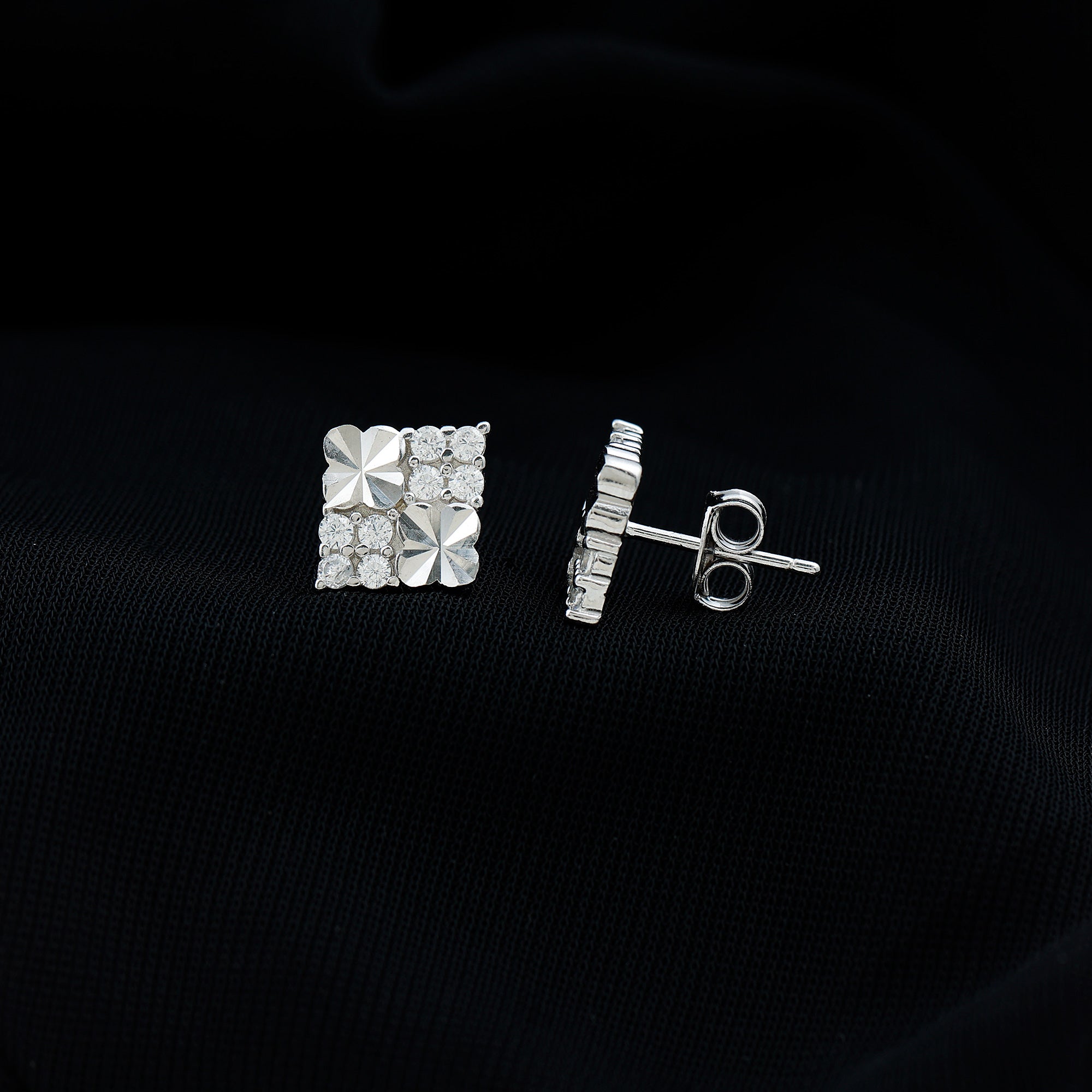 Cubic Zirconia Stud Earrings - Square Silver Studs with Pave Setting, 14k White Gold