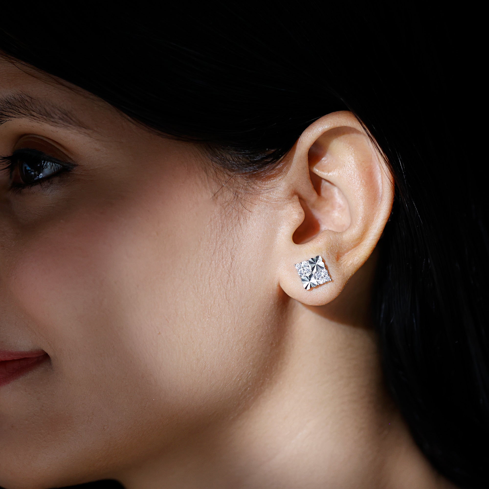 Cubic Zirconia Stud Earrings - Square Silver Studs with Pave Setting, 14k White Gold