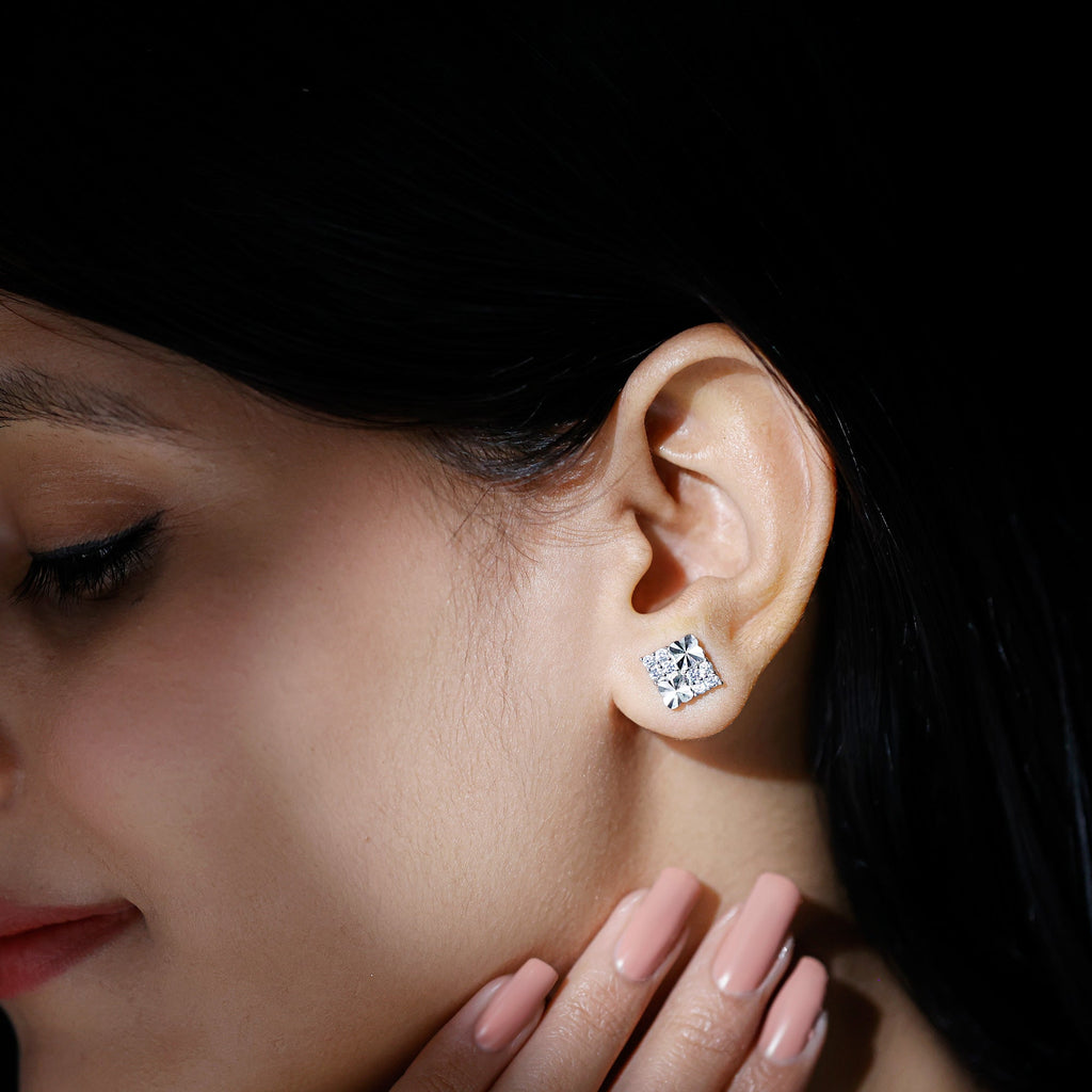Cubic Zirconia Stud Earrings - Square Silver Studs with Pave Setting, 14k White Gold